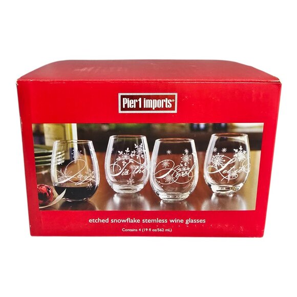 Pier 1 Imports Set (4) Etched Stemless Wine Glasses Joy Noel Snow 19 oz. - Picture 10 of 12
